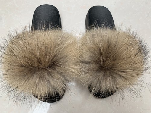 BLNR Natural Raccoon Fur Slippers Slides Sandals