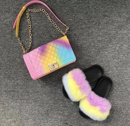 BLSB09 One set Fur Slides Slippers Purse Handbags
