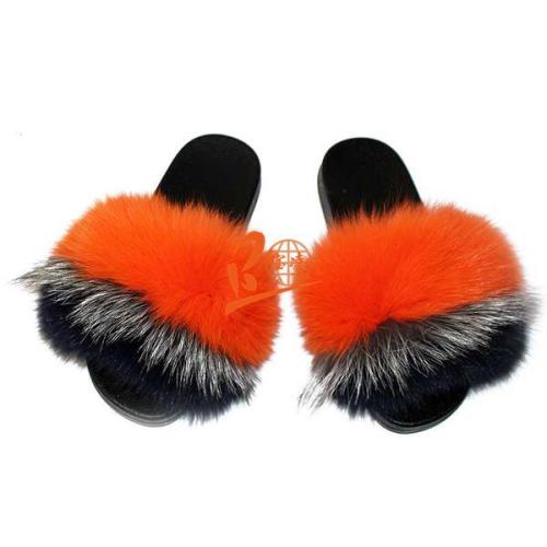 BLFROB Orange Black Fox Raccoon Fur Slippers