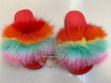 BLFC Colorful Horizontal Rainbow Fox Fur Slippers Red Slides
