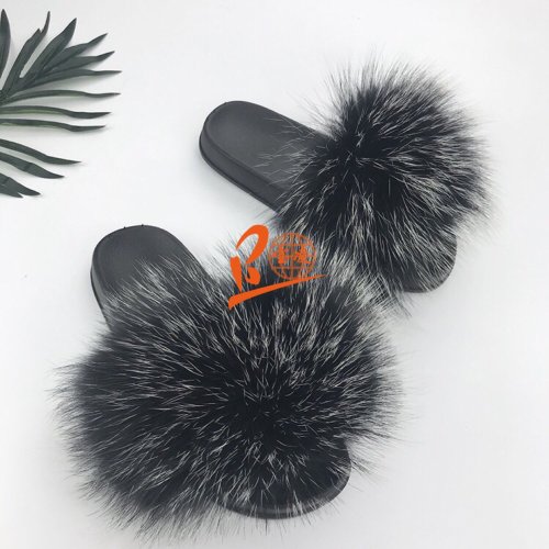 BLRWBF White Top Black Frost Raccoon Fur Slippers