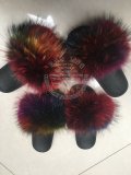 BLRNC Colorful Rainbow Natural Raccoon Fur Slippers