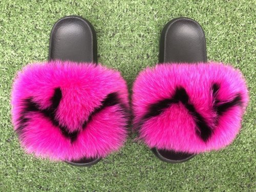 BLFP Fashion New Design Hot Pink Fox Fur Slippers Slides