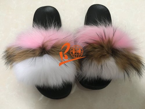 BLFRPW Pink White Fox Raccoon Fur Slippers