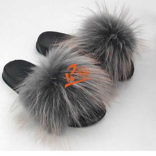 BLRGOT Grey Orange Top Raccoon Fur Slippers