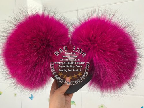 BLRBHP Biggest Hot Pink Fushcia Raccoon Fur Slippers Slides