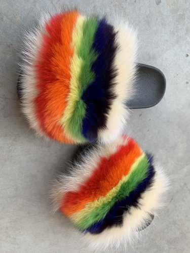 BLFBC Colorful Horizontal Rainbow Fur Slides Slippers