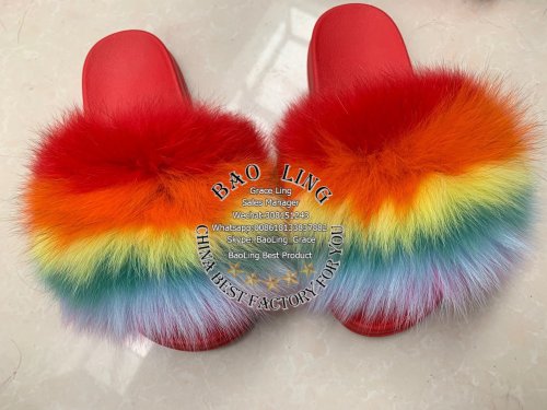 BLFRC Rainbow Colorful Fox Fur Slippers Slides