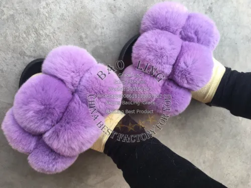 BLFFSP Purple Fur Balls Pompom Rex Rabbit Fur Slippers