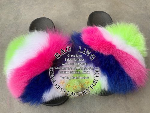 BLFBC12 Biggest Colorful Rainbow Fox Fur Slides Slippers