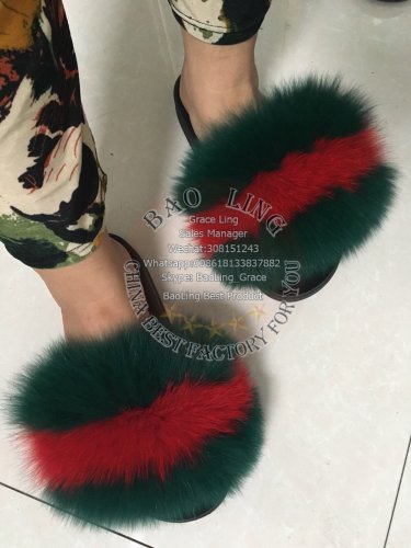BLFGR GREEN RED Fox Fur Slippers