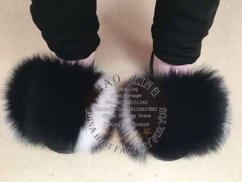 BLFBBW Black White Fox Fur Slides Slippers