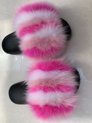 BLTF01 Rainbow Colorful Fox Fur Slides Slippers
