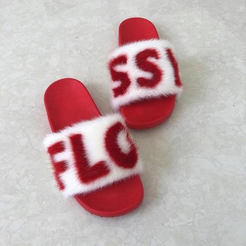 BLMRW Red White Customized Mink Fur Slides Slippers