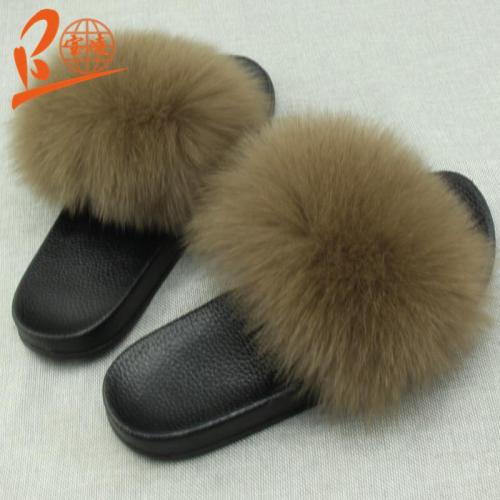BLFBDC Black Sole Different Color Fox Fur Slippers