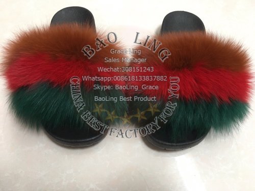 BLFDBRG Dark Brown Red Green Fox Fur Slippers