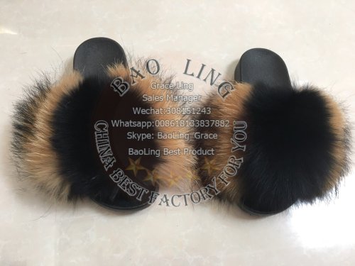 BLFRBR Black Natural Raccoon Fox Fur Slippers