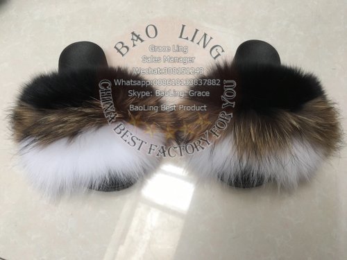 BLRBWBR Biggest White Black Fox Raccoon Fur Slippers