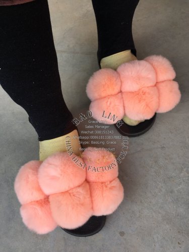 BLFFSRP Rubber Pink Fur Balls Pompom Rex Rabbit Fur Slippers