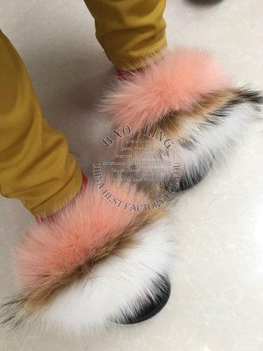 BLFRPW02 Pink White Fox Raccoon Fur Slippers