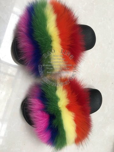 BLFRC Rainbow Colorful Fox Fur Slippers Slides