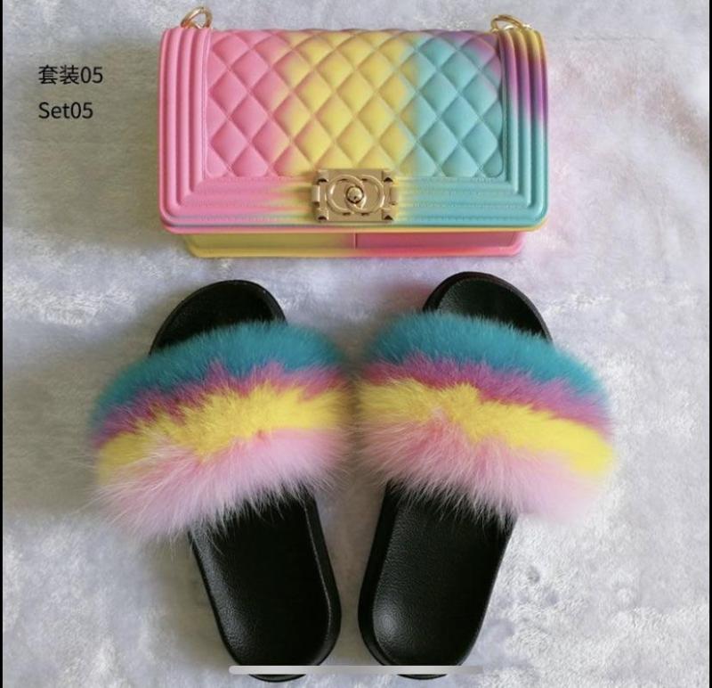 BLSB25 Fox Fur Slides Slippers with handbag Purse One Set
