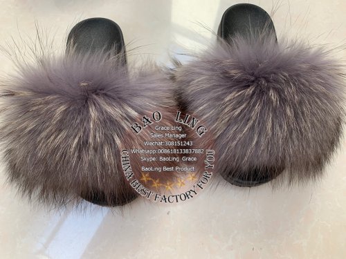 BLRG Grey Raccoon Fur Slippers