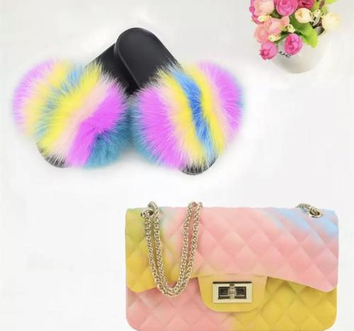 BLSB002 Fox Fur Slides Slippers with handbag Purse One Set
