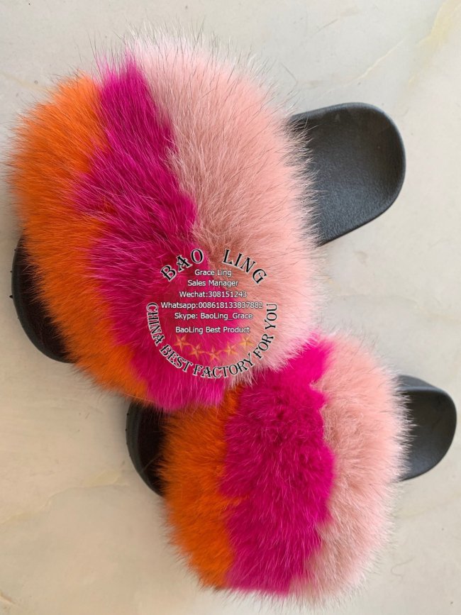 BLFBPOH Pink Orange Hot Pink Fur Slides Slippers