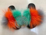 BLRGOG Green Orange Grey Raccoon Fur Slippers Slide