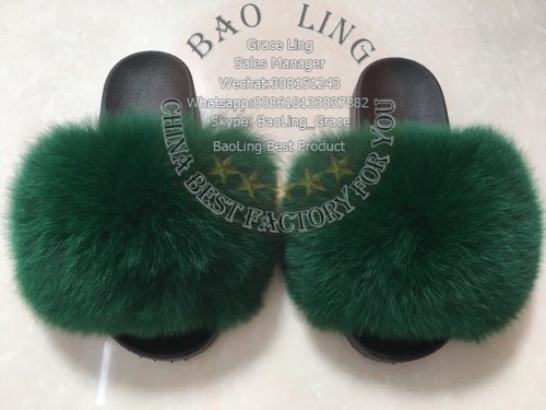 BLFBDG Biggest Deep Green Fox Fur Slides