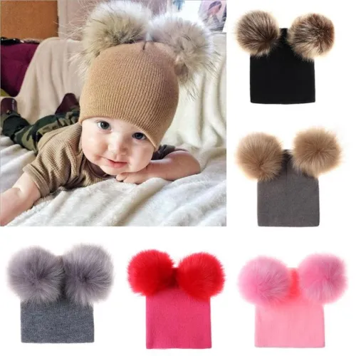 BLFH Baby Two Faux Fur Pompom Hats