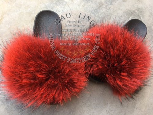 BLRR Red Raccoon Fur Slippers Slides