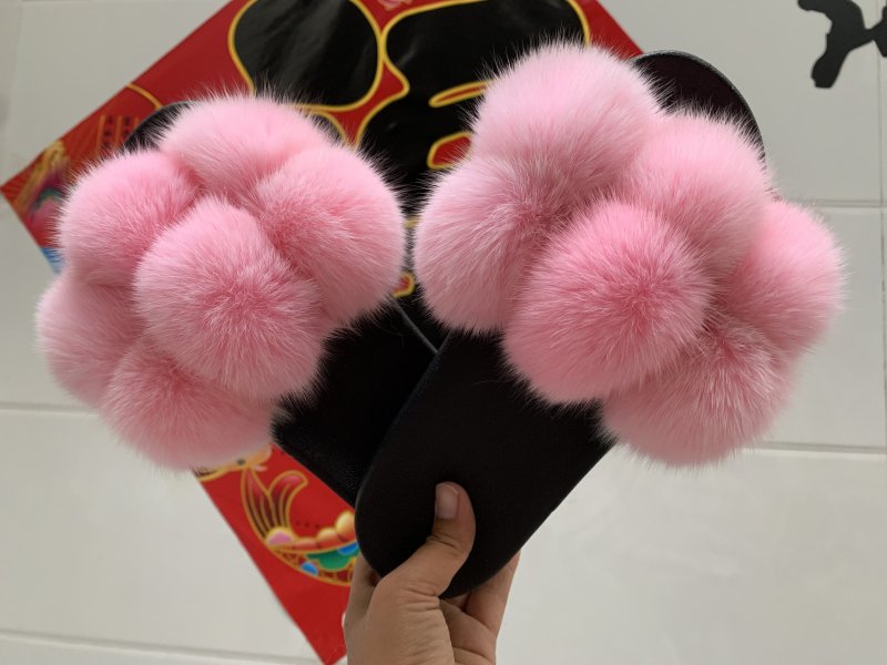 BLFPP Pink Fox Fur Ball Pompom Slides Slippers