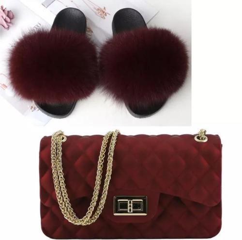 BLSB007 Fox Fur Slides Slippers with handbag Purse One Set