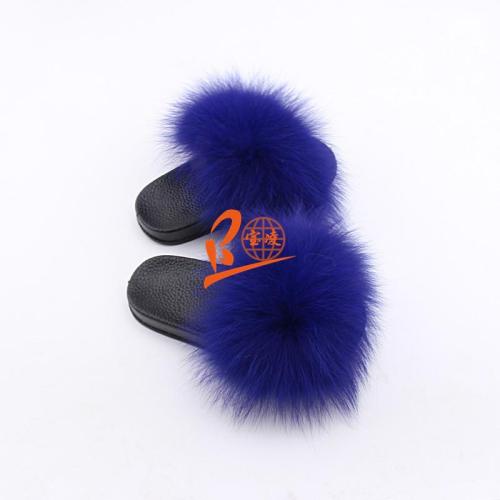 BLK11 Royal Blue or Customized Color Black Sole Kids Fox Fur Slippers