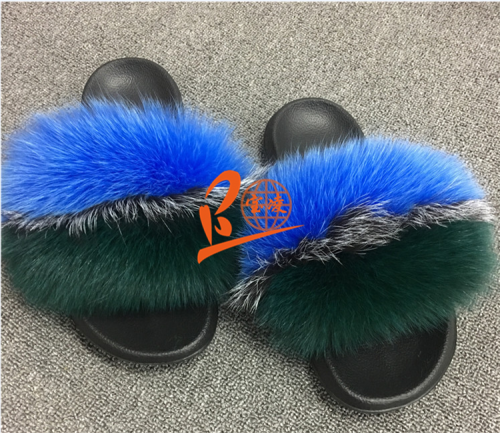 BLFRDGB Dark Green Blue Fox Raccoon Fur Slippers