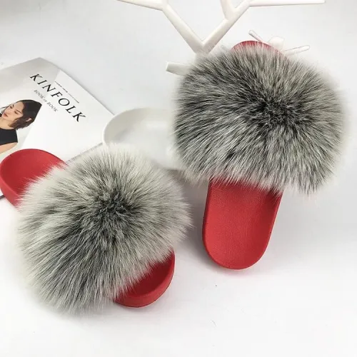 BLRBW Black White Top Raccoon Fur Slippers