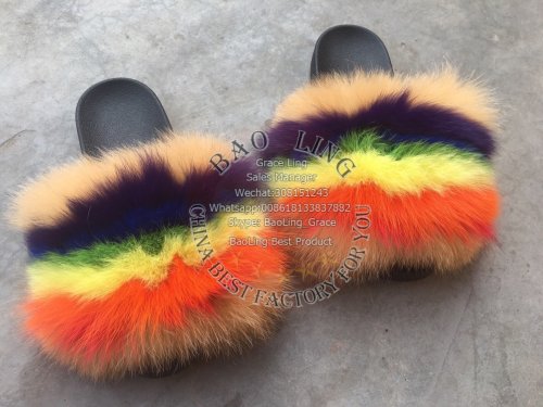 BLFRC Rainbow Colorful Fox Fur Slippers