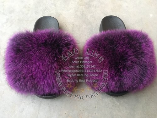 BLFBB Biggest Black Purple Tip Fox Fur Slides Slippers