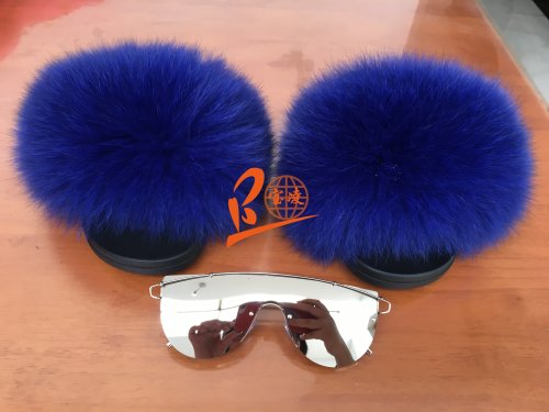 BLFSCRB Royal Blue Fox Fur Slippers