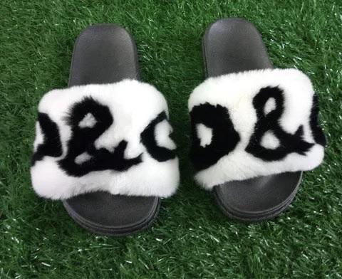 BLRRBW DG Black White Rex Rabbit Fur Slippers Slides