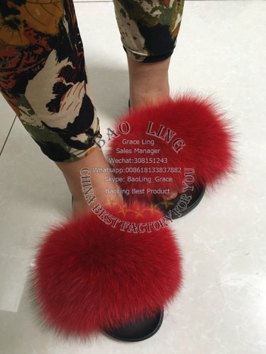 BLFSCR Red Fox Fur Slippers Slides Sandals