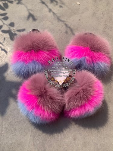 BLTFPG Hot Pink Dark Pink Light Green Fur Slides Slippers