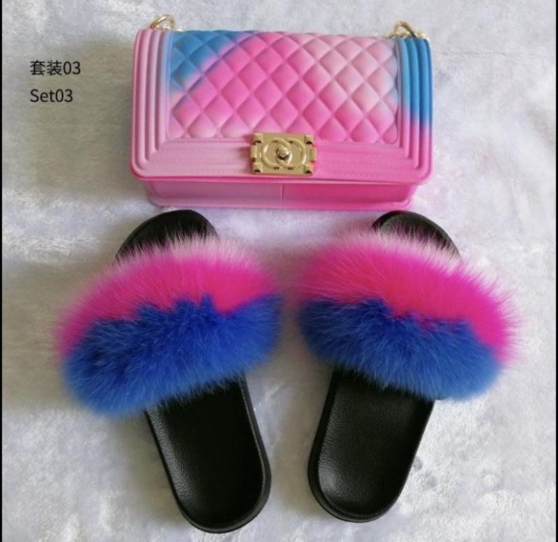 BLSB26 Fox Fur Slides Slippers with handbag Purse One Set