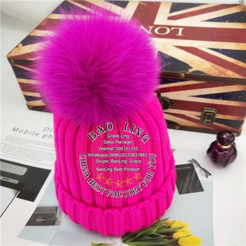 BLRFH06 Fox Fur Ball Pompom Knitted Winter Hats