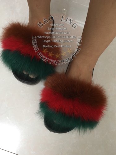 BLFDBRG Dark Brown Red Green Fox Fur Slippers