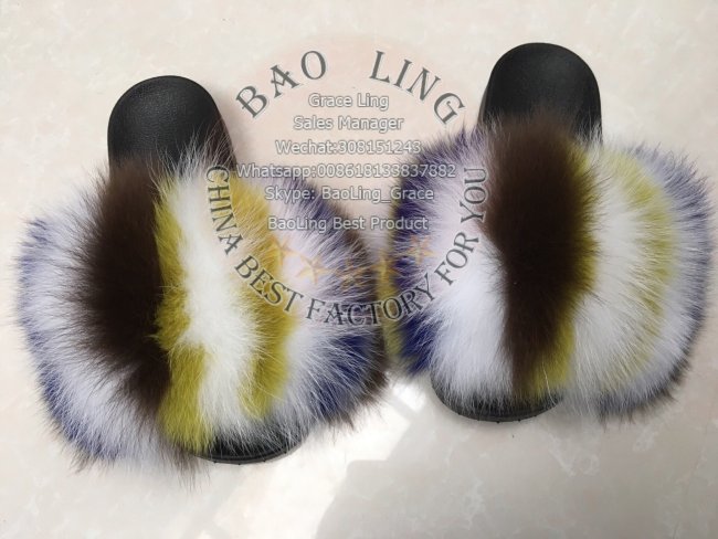 BLFRC14 Rainbow Colorful Splat Fox Fur Slippers