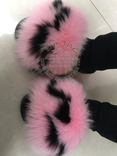 BLFBPB Biggest Pink Black Fox Fur Slippers Slides