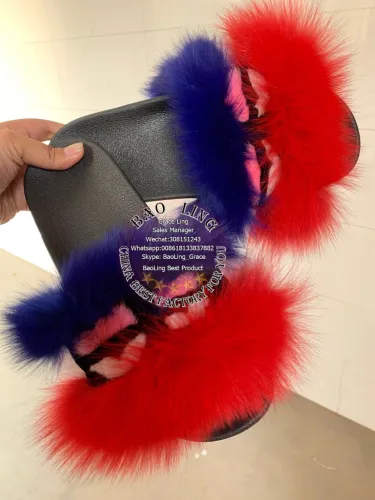 BLFM20 Red Blue Monster Fox Fur Slides